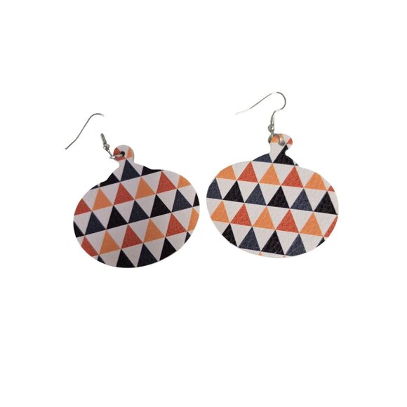 Geometric Triangle Mosaic Leather Dangle Earrings Handmade Lightweight Statement - Picture 1 of 4